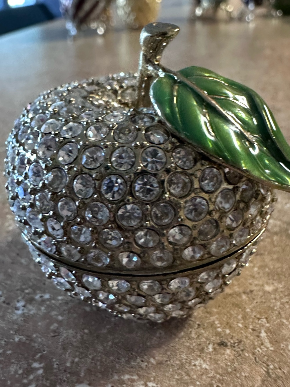 Crystal Apple Trinket Box with Green Enamel Leaf